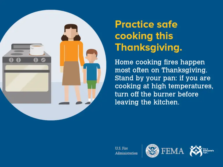 A safety reminder graphic featuring an illustration of a woman and child in a kitchen with text reading: "practice safe cooking this thanksgiving. home cooking fires happen most often on thanksgiving. stand by your pan: if you are cooking at high temperatures, turn off the burner before leaving the kitchen." logos of u.s. fire administration, fema, and department of homeland security are present.