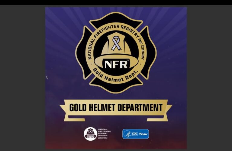 National Firefighter Registry for Cancer Gold Helmet Department emblem featuring a stylized firefighter helmet with a ribbon, with the National Firefighter Registry and CDC NIOSH logos at the bottom.