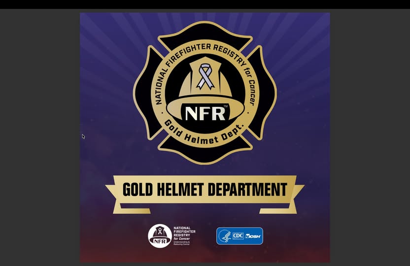 National Firefighter Registry for Cancer Gold Helmet Department emblem featuring a stylized firefighter helmet with a ribbon, with the National Firefighter Registry and CDC NIOSH logos at the bottom.