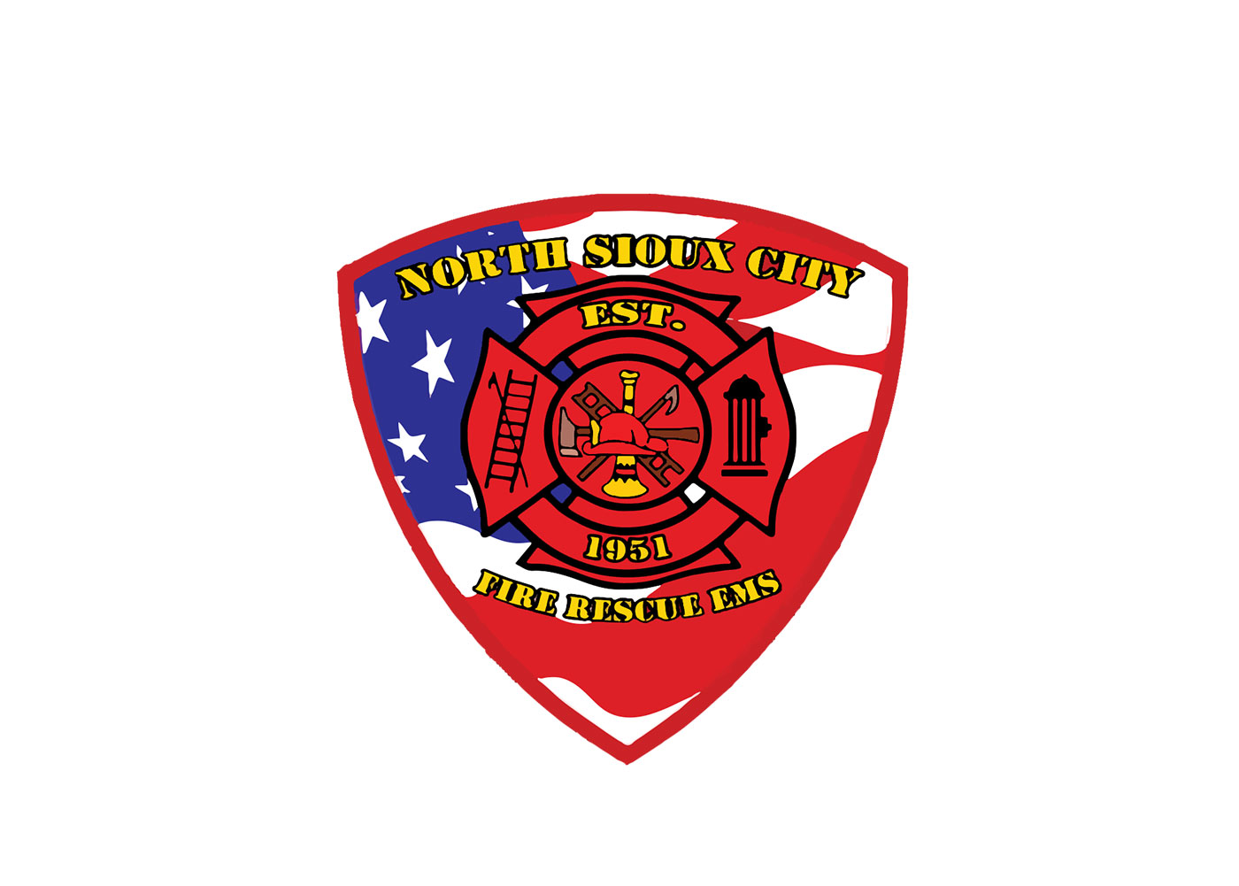 North Sioux City Fire Rescue EMS badge featuring a Maltese cross emblem over a U.S. flag background.