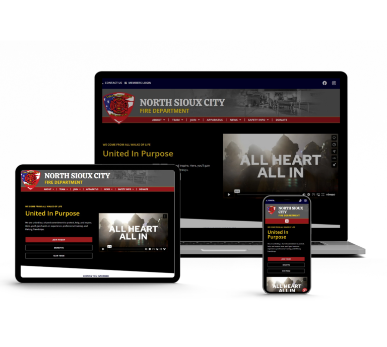 A laptop, tablet, and smartphone displaying the North Sioux City Fire Department website.