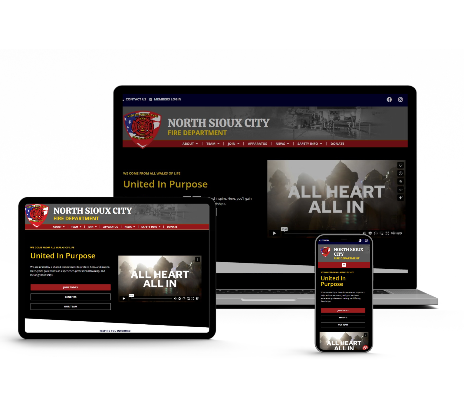 A laptop, tablet, and smartphone displaying the North Sioux City Fire Department website.